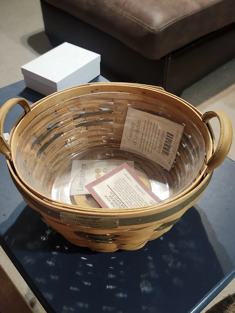 Longaberger Natural and Olive Woven Popcorn Basket with Protector & Lid. 1999
